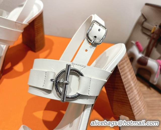 Luxurious Hermes Keen Heel Sandals 9cm in Calfskin Leather with Glenan Buckle White 0421013