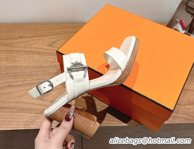 Luxurious Hermes Keen Heel Sandals 9cm in Calfskin Leather with Glenan Buckle White 0421013