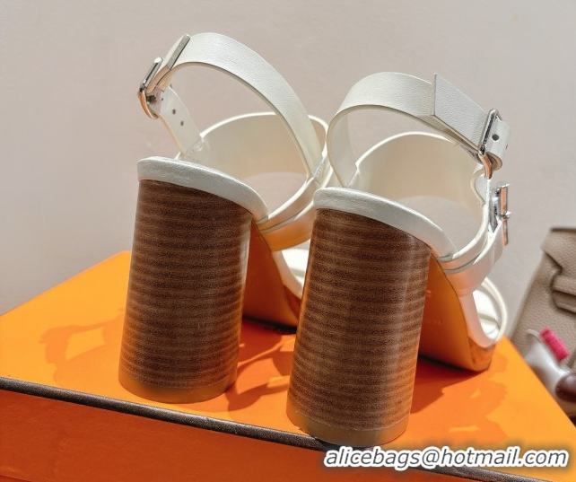 Luxurious Hermes Keen Heel Sandals 9cm in Calfskin Leather with Glenan Buckle White 0421013