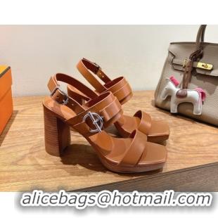 Good Looking Hermes Keen Heel Sandals 9cm in Calfskin Leather with Glenan Buckle Brown 0421014
