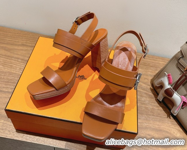 Good Looking Hermes Keen Heel Sandals 9cm in Calfskin Leather with Glenan Buckle Brown 0421014