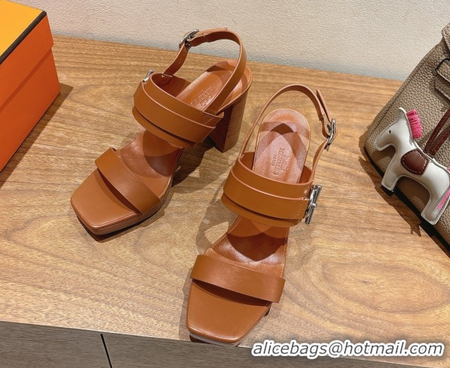 Good Looking Hermes Keen Heel Sandals 9cm in Calfskin Leather with Glenan Buckle Brown 0421014