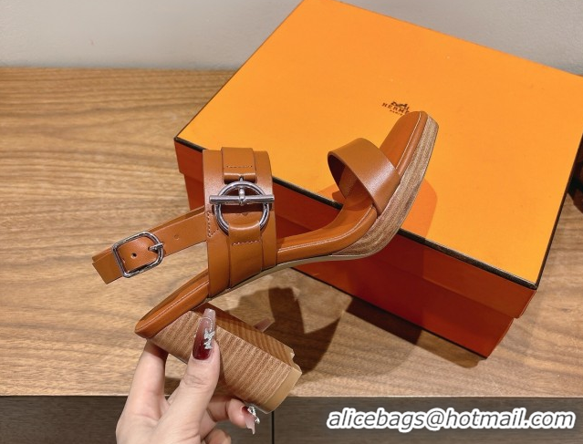 Good Looking Hermes Keen Heel Sandals 9cm in Calfskin Leather with Glenan Buckle Brown 0421014