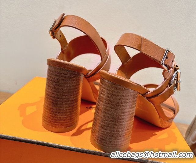 Good Looking Hermes Keen Heel Sandals 9cm in Calfskin Leather with Glenan Buckle Brown 0421014