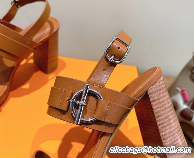 Good Looking Hermes Keen Heel Sandals 9cm in Calfskin Leather with Glenan Buckle Brown 0421014