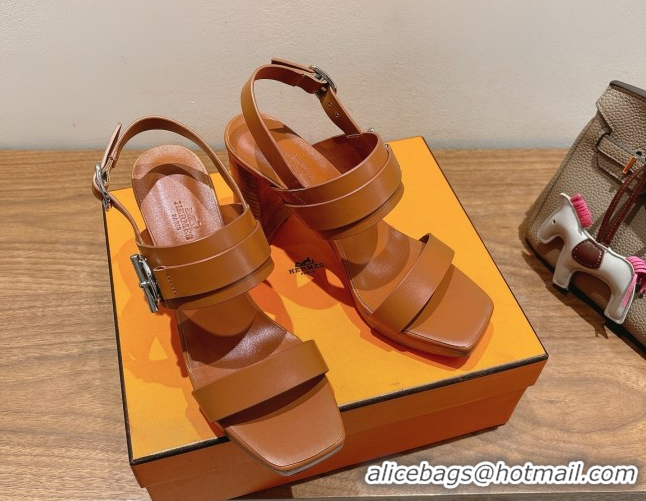 Good Looking Hermes Keen Heel Sandals 9cm in Calfskin Leather with Glenan Buckle Brown 0421014
