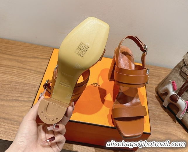 Good Looking Hermes Keen Heel Sandals 9cm in Calfskin Leather with Glenan Buckle Brown 0421014