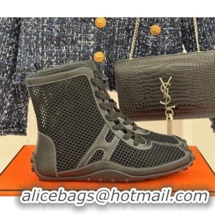 Unique Style Hermes Kiatsu High-top Sneakers in Crochet Knit Mesh and Calfskin Black 0421015