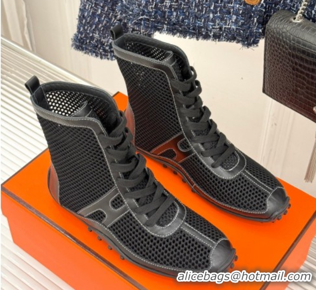 Unique Style Hermes Kiatsu High-top Sneakers in Crochet Knit Mesh and Calfskin Black 0421015