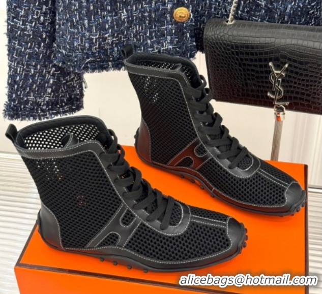 Unique Style Hermes Kiatsu High-top Sneakers in Crochet Knit Mesh and Calfskin Black 0421015