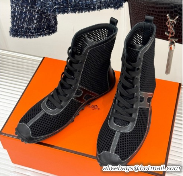 Unique Style Hermes Kiatsu High-top Sneakers in Crochet Knit Mesh and Calfskin Black 0421015