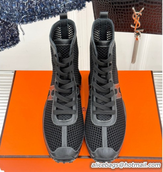 Unique Style Hermes Kiatsu High-top Sneakers in Crochet Knit Mesh and Calfskin Black 0421015