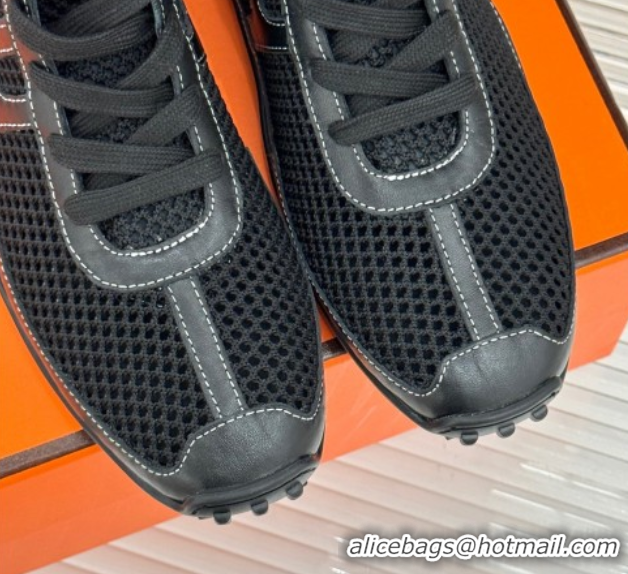 Unique Style Hermes Kiatsu High-top Sneakers in Crochet Knit Mesh and Calfskin Black 0421015