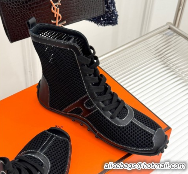 Unique Style Hermes Kiatsu High-top Sneakers in Crochet Knit Mesh and Calfskin Black 0421015