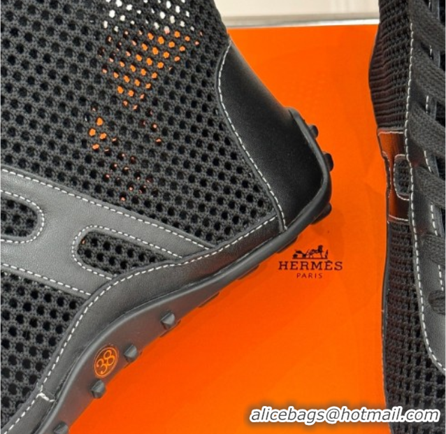 Unique Style Hermes Kiatsu High-top Sneakers in Crochet Knit Mesh and Calfskin Black 0421015