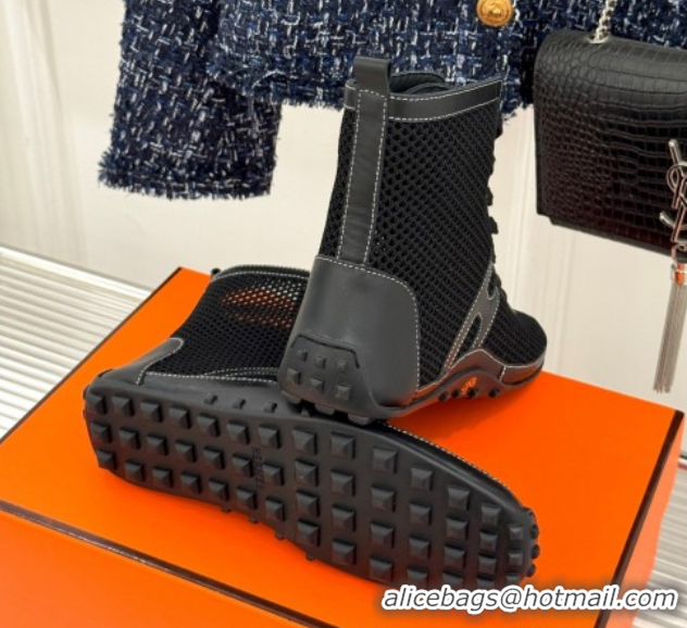 Unique Style Hermes Kiatsu High-top Sneakers in Crochet Knit Mesh and Calfskin Black 0421015