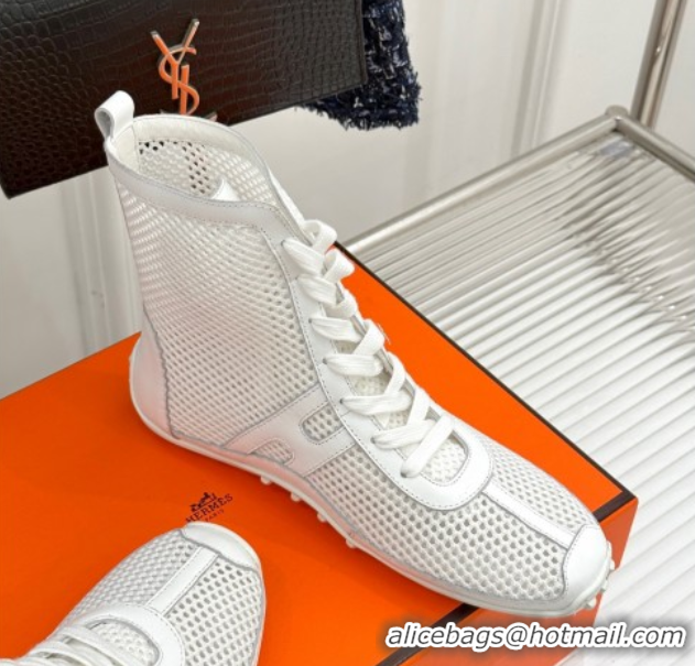 Most Popular Hermes Kiatsu High-top Sneakers in Crochet Knit Mesh and Calfskin White 0421016