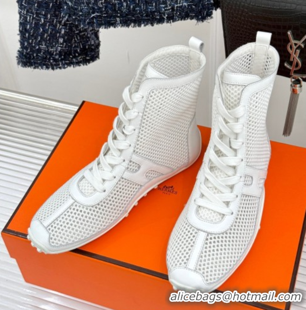 Most Popular Hermes Kiatsu High-top Sneakers in Crochet Knit Mesh and Calfskin White 0421016