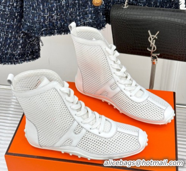 Most Popular Hermes Kiatsu High-top Sneakers in Crochet Knit Mesh and Calfskin White 0421016