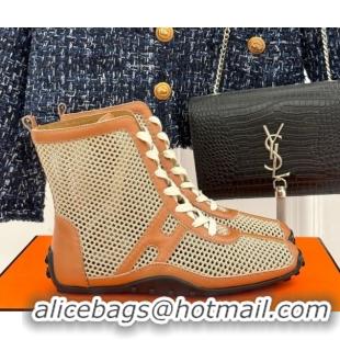 Pretty Style Hermes Kiatsu High-top Sneakers in Crochet Knit Mesh and Calfskin Brown 0421017