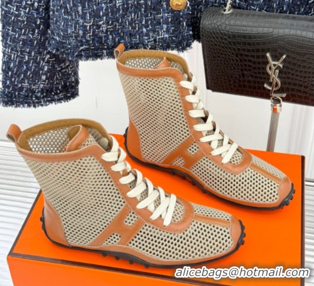 Pretty Style Hermes Kiatsu High-top Sneakers in Crochet Knit Mesh and Calfskin Brown 0421017
