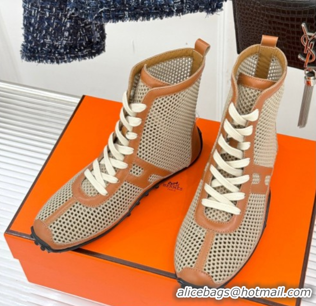 Pretty Style Hermes Kiatsu High-top Sneakers in Crochet Knit Mesh and Calfskin Brown 0421017