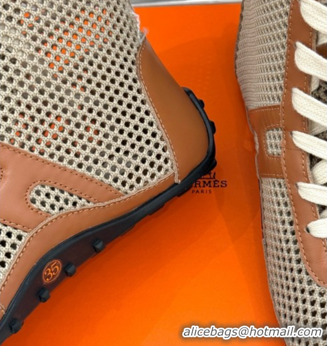 Pretty Style Hermes Kiatsu High-top Sneakers in Crochet Knit Mesh and Calfskin Brown 0421017