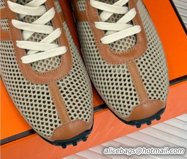 Pretty Style Hermes Kiatsu High-top Sneakers in Crochet Knit Mesh and Calfskin Brown 0421017
