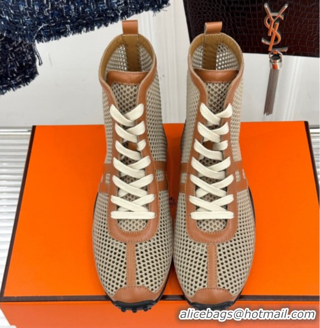 Pretty Style Hermes Kiatsu High-top Sneakers in Crochet Knit Mesh and Calfskin Brown 0421017
