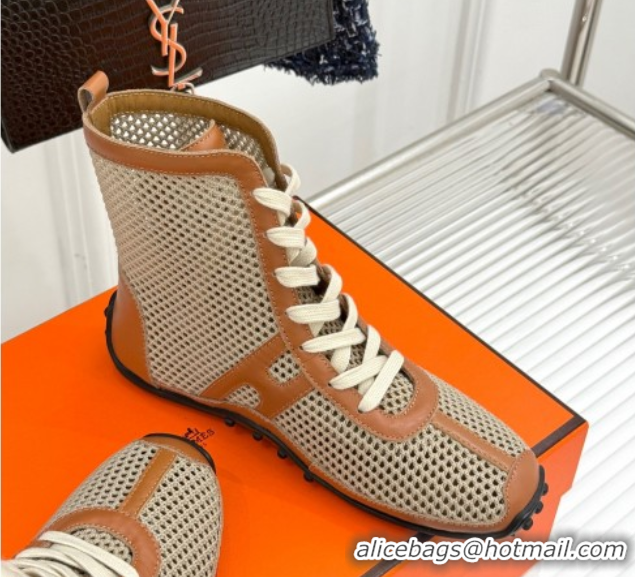 Pretty Style Hermes Kiatsu High-top Sneakers in Crochet Knit Mesh and Calfskin Brown 0421017