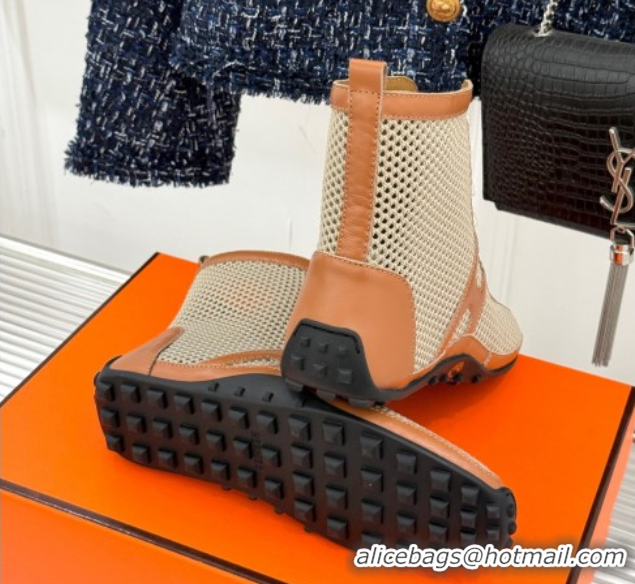 Pretty Style Hermes Kiatsu High-top Sneakers in Crochet Knit Mesh and Calfskin Brown 0421017