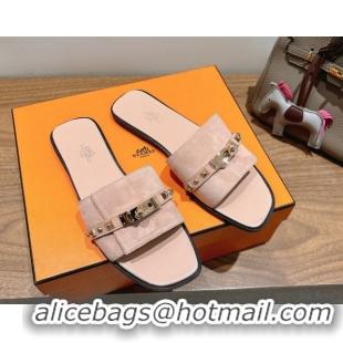 Low Cost Hermes Giulia Flat Slides Sandal in Suede with Kelly Buckle and Studs Light Pink 0421004