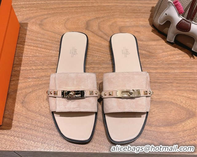 Low Cost Hermes Giulia Flat Slides Sandal in Suede with Kelly Buckle and Studs Light Pink 0421004