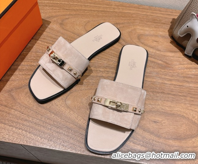 Low Cost Hermes Giulia Flat Slides Sandal in Suede with Kelly Buckle and Studs Light Pink 0421004