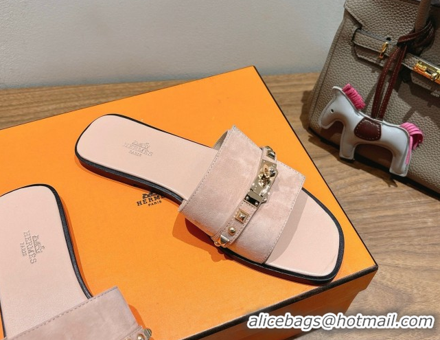 Low Cost Hermes Giulia Flat Slides Sandal in Suede with Kelly Buckle and Studs Light Pink 0421004