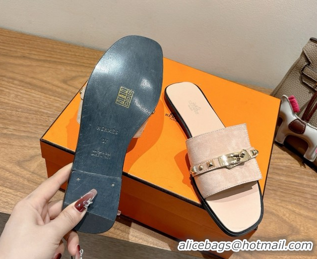 Low Cost Hermes Giulia Flat Slides Sandal in Suede with Kelly Buckle and Studs Light Pink 0421004