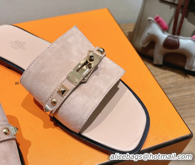 Low Cost Hermes Giulia Flat Slides Sandal in Suede with Kelly Buckle and Studs Light Pink 0421004