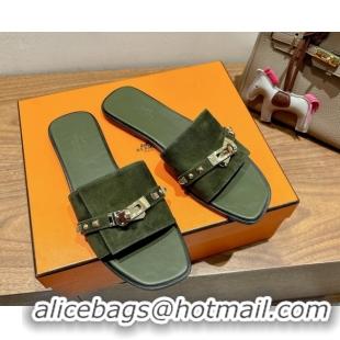 Shop Duplicate Hermes Giulia Flat Slides Sandal in Suede with Kelly Buckle and Studs Olive Green 0421005