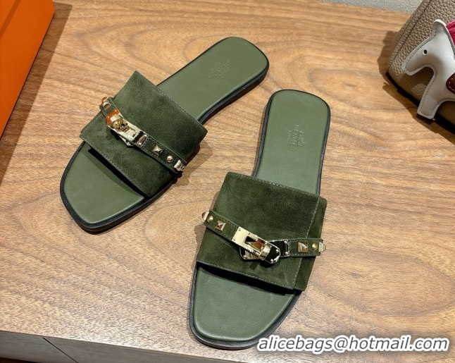 Shop Duplicate Hermes Giulia Flat Slides Sandal in Suede with Kelly Buckle and Studs Olive Green 0421005