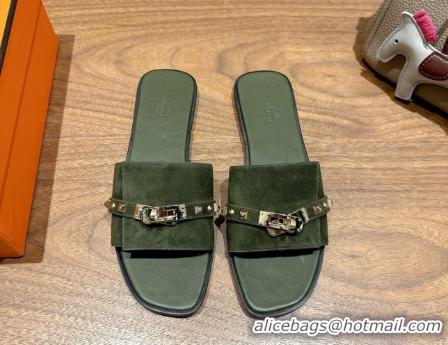 Shop Duplicate Hermes Giulia Flat Slides Sandal in Suede with Kelly Buckle and Studs Olive Green 0421005