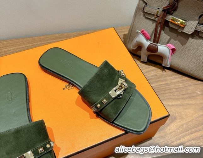 Shop Duplicate Hermes Giulia Flat Slides Sandal in Suede with Kelly Buckle and Studs Olive Green 0421005
