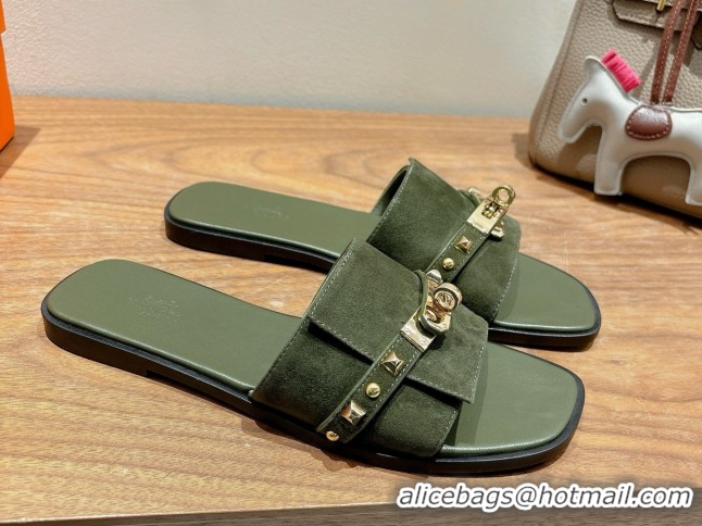Shop Duplicate Hermes Giulia Flat Slides Sandal in Suede with Kelly Buckle and Studs Olive Green 0421005