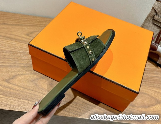 Shop Duplicate Hermes Giulia Flat Slides Sandal in Suede with Kelly Buckle and Studs Olive Green 0421005