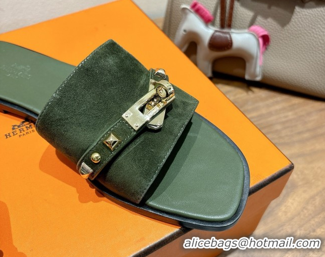 Shop Duplicate Hermes Giulia Flat Slides Sandal in Suede with Kelly Buckle and Studs Olive Green 0421005
