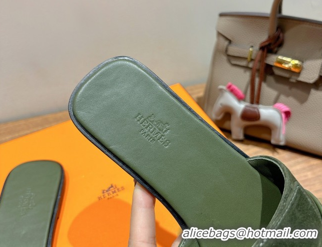 Shop Duplicate Hermes Giulia Flat Slides Sandal in Suede with Kelly Buckle and Studs Olive Green 0421005