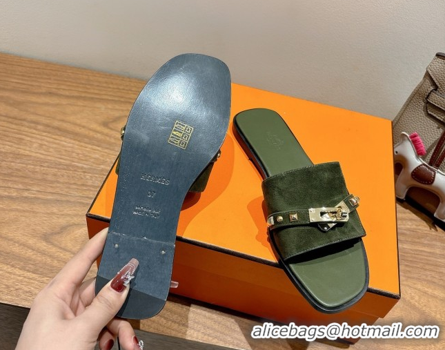 Shop Duplicate Hermes Giulia Flat Slides Sandal in Suede with Kelly Buckle and Studs Olive Green 0421005