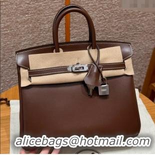 Buy Discount Hermes Birkin 25cm Bag in Original Box Leather H25 Chocolate/Silver 2025 (Half Handmade)