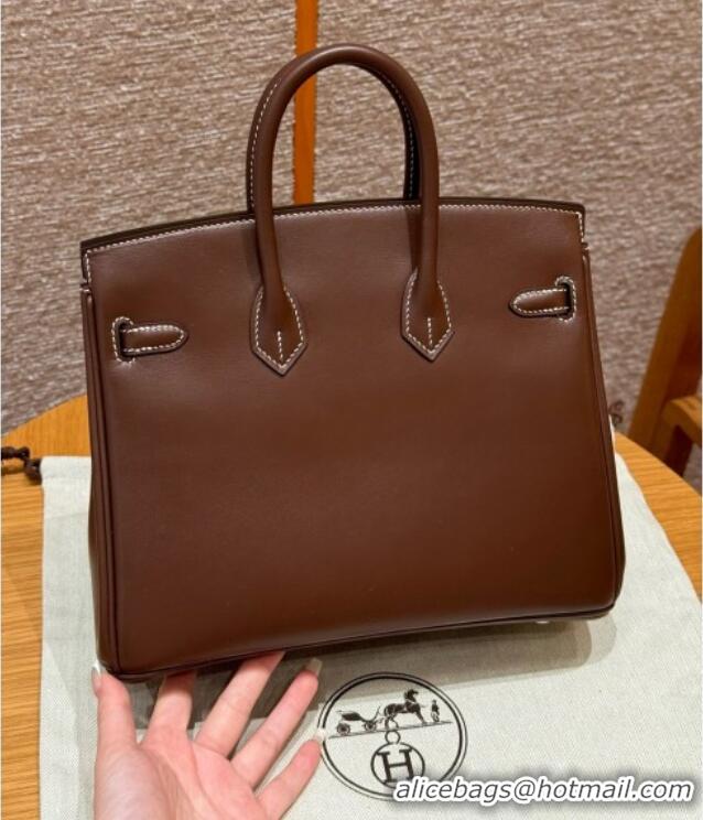Buy Discount Hermes Birkin 25cm Bag in Original Box Leather H25 Chocolate/Silver 2025 (Half Handmade)