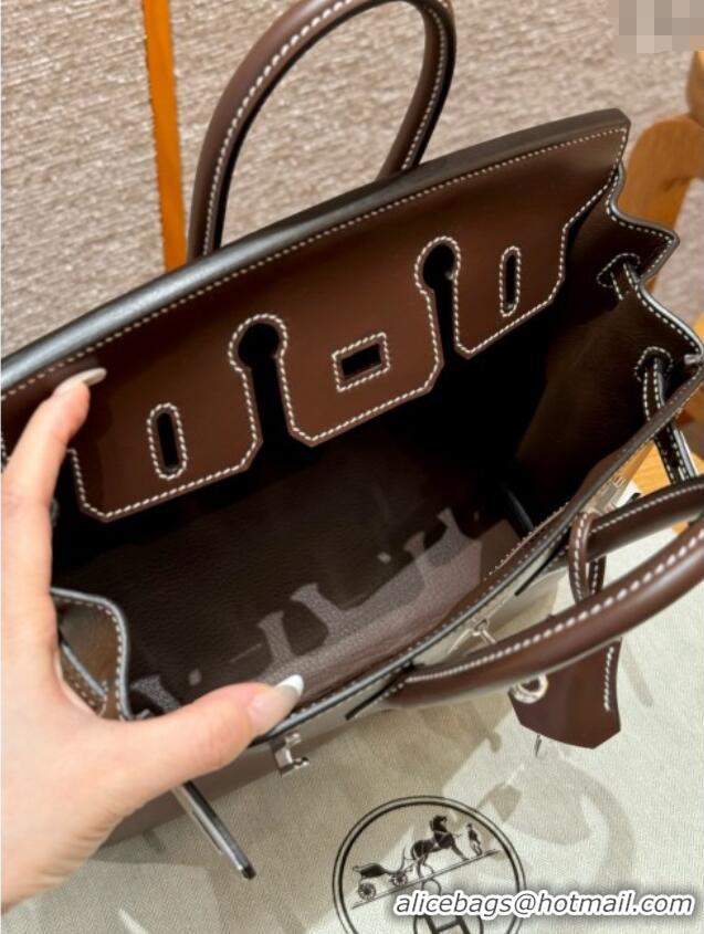Buy Discount Hermes Birkin 25cm Bag in Original Box Leather H25 Chocolate/Silver 2025 (Half Handmade)
