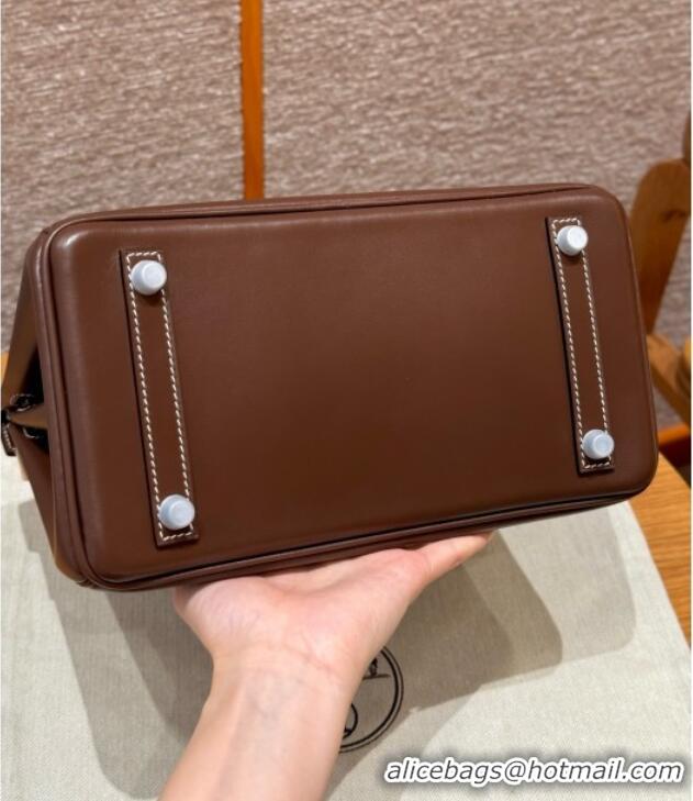 Buy Discount Hermes Birkin 25cm Bag in Original Box Leather H25 Chocolate/Silver 2025 (Half Handmade)